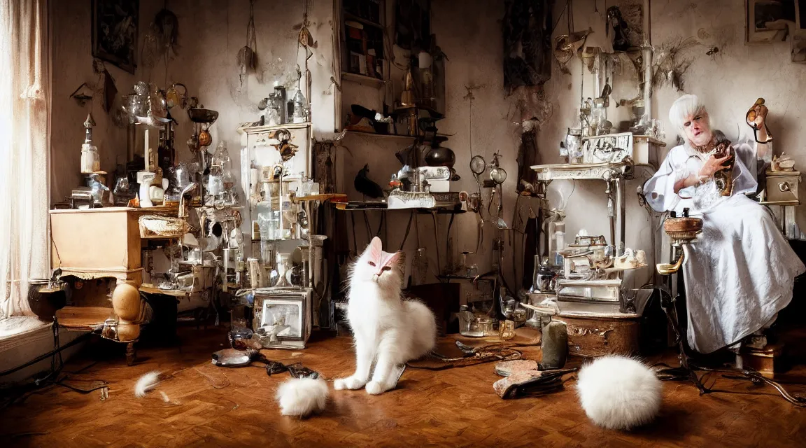 Image similar to full body protrait beautifull witch with white hair in old room. A cristal ball on a wood table with a potions and old instruments. A cat on the floor licking his paw. photorealistic, profesional photo, by Steve McCurry