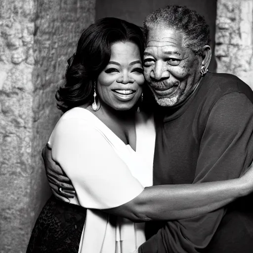 Prompt: photo of morgan freeman and oprah winfrey hugging on the background of the colesseum in rome, 5 0 mm, beautiful photo