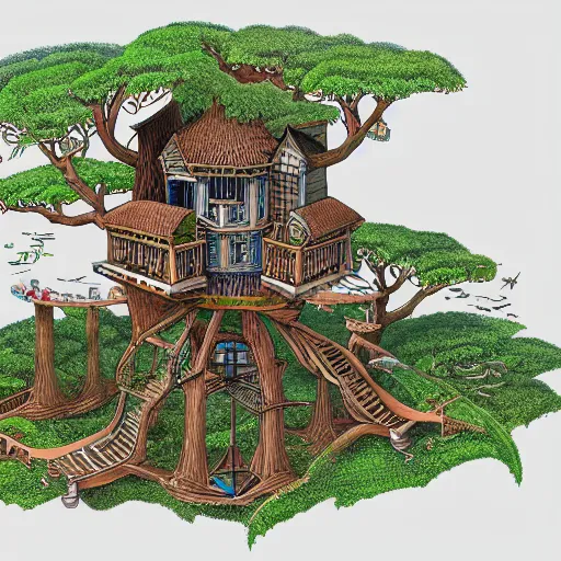 Prompt: Isometric view of a tree house society, intricate, illustration, hyper detailed, detailed