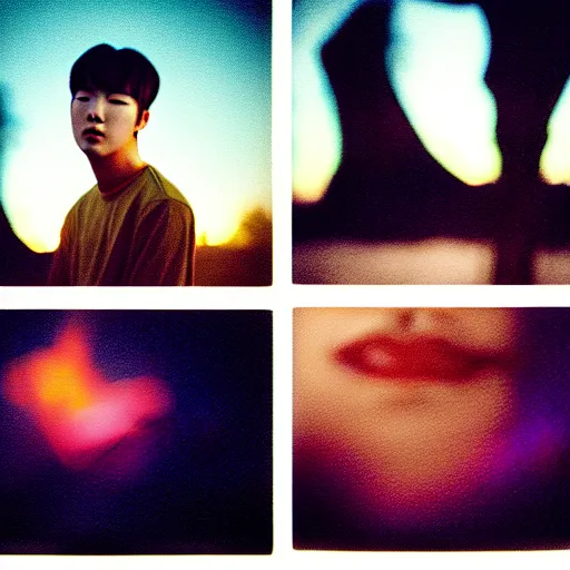 Image similar to photo of bts jimin, facing the camera, kodak ektachrome, portrait, close up, kodak gold 2 0 0, 5 0 mm, fuji 8 0 0, polaroid, night time, bonfire, low light