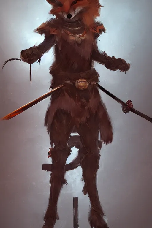 Image similar to anthropomorphic fox wielding dual blades wearing samurai clothes standing on top of robot scraps, concept art, digital painting, trending on artstation, electric sparks, moody lighting