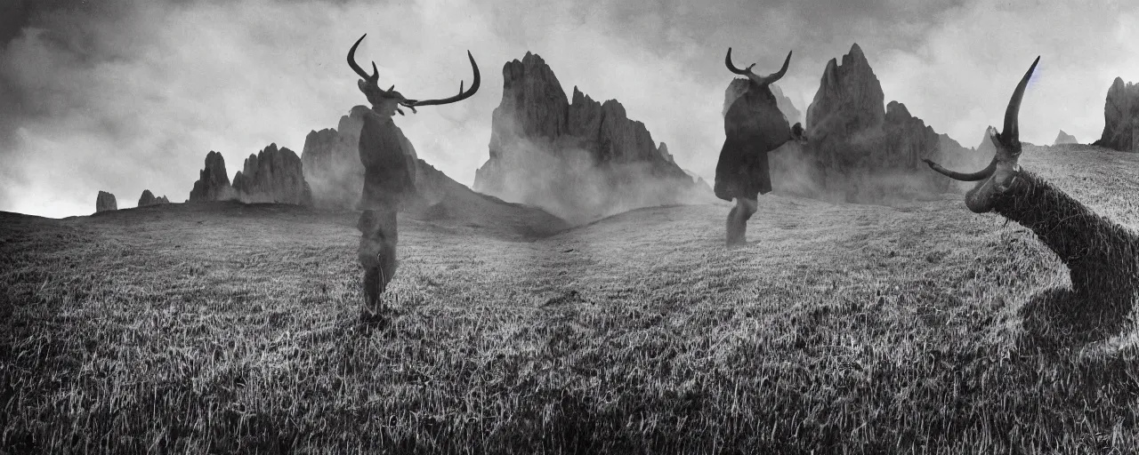 Image similar to mysterious scene of tyrolean farmer transforming into hay man with horns , dolomites in background, roots and edelweiss growing out of the body 35mm double-exposure photo, palm body, deep shadows, german expressionism, noir, slightly colorful, photorealistic, detailed smoke, natural bones and skin, natural textures, depth of field, ambient occlusion, motion blur, HD, masterpiece, volumetric, chromatic aberration by Richard Avedon, style of Ade Santora, perfect composition, masterpiece, intricate detailed