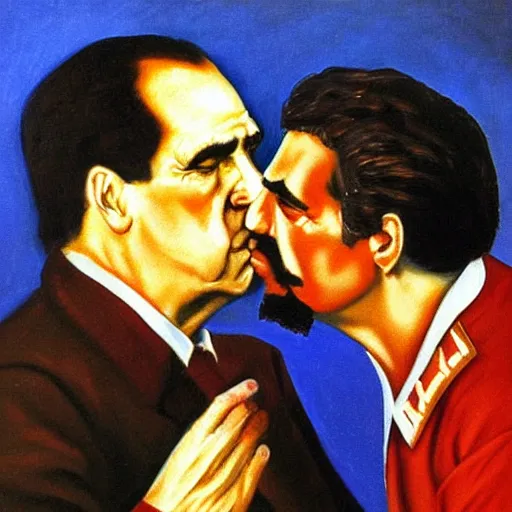 Prompt: Richard Nixon kissing Joseph Stalin, oil painting