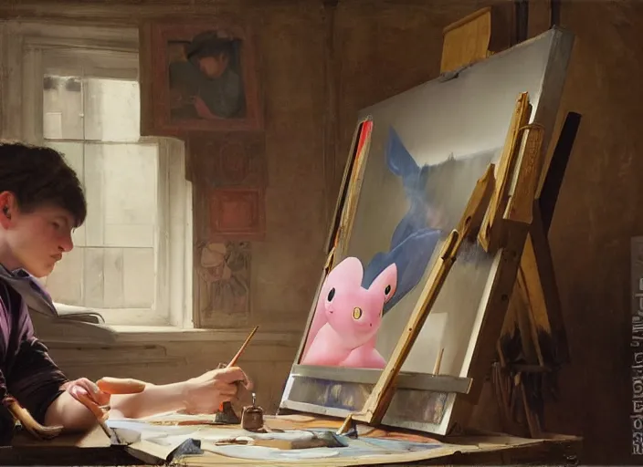 Image similar to a young painter in his studio painting a picture of a pink pokemon, by edgar maxence and caravaggio and michael whelan and delacroix style, artistic, intricate drawing, cinematic lighting, hyper realistic, extremely detailed, establishing shot, 8 k resolution, dramatic lighting