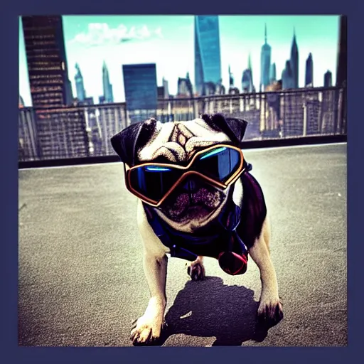 Prompt: “A high quality action photo of a pug with old school brown pilot goggles flying like superman towards the camera, high above NYC, motion blur, high detail, zoomed in, fish eye lense”