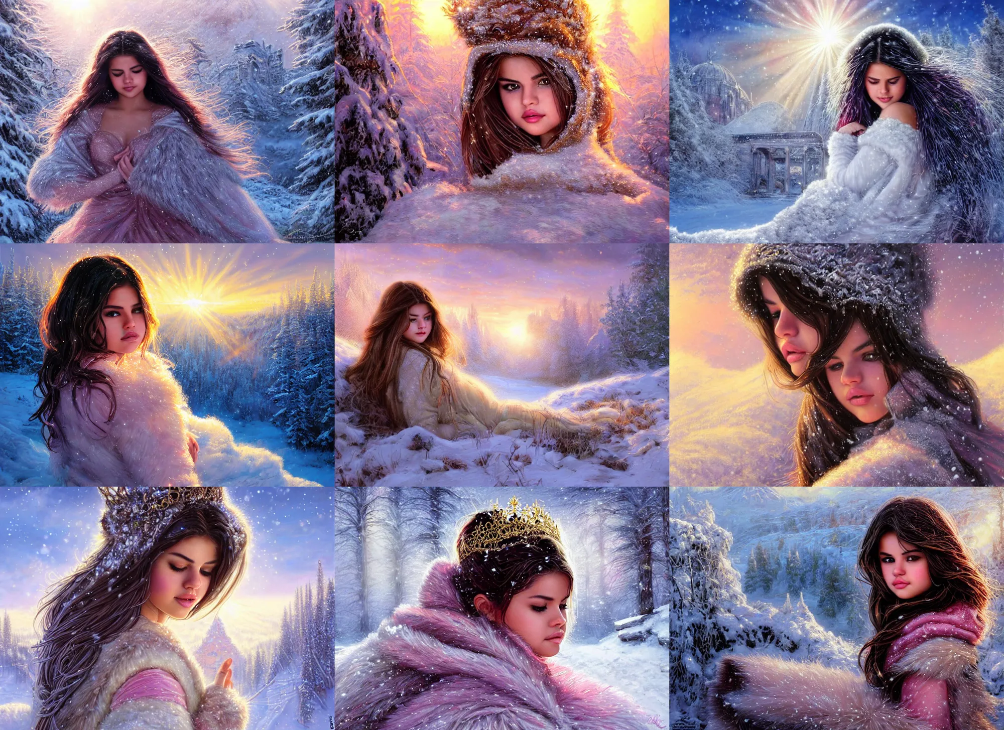 Prompt: epic face portrait of Selena Gomez warmly clothed sleeping in deep snowy snow, winter princess, ancient ruins, prism sun rays through wind swept snow, pink golden hour, saturated, intricate, highly detailed, epic vista, very crispy, Ralph Horsley, Daniel F. Gerhartz, Artgerm, Boris Villajo, Lilia Alvarado