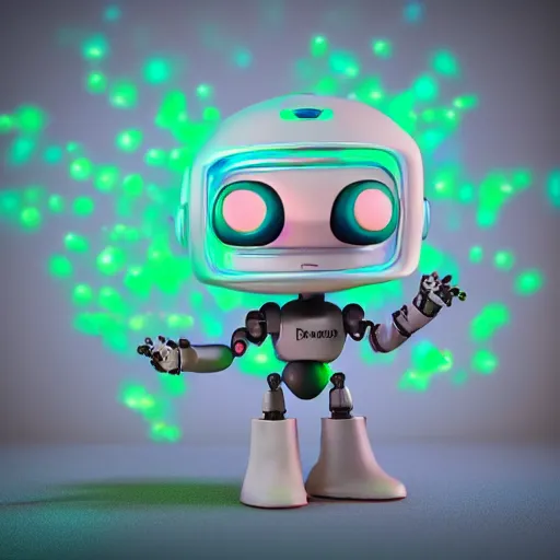 Image similar to single crazy melting plastic toy Pop Figure Robot, C4d, by pixar, by dreamworks, in a Studio hollow, surrounded by flying particles