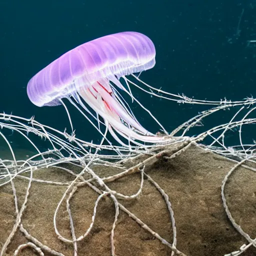 Prompt: jellyfish with barbed wire tentacles