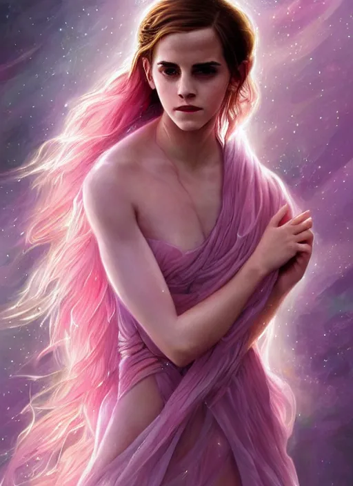 Prompt: emma watson as nature magic celestial, long hair, pink and transparent cloth, space, D&D, shiny background, intricate, elegant, highly detailed, digital painting, artstation, concept art, smooth, sharp focus, illustration, artgerm, bouguereau