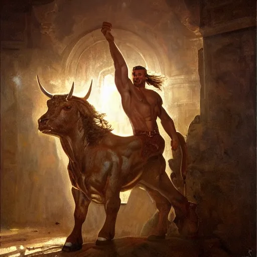 Image similar to handsome portrait of a minotaur bodybuilder posing, radiant light, caustics, war hero, steel bull run, by gaston bussiere, bayard wu, greg rutkowski, giger, maxim verehin