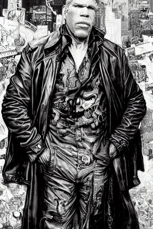 Image similar to full length portrait of ron perlman as a huge tall hulking marvel gangster wearing a leather trench coat standing on street new york, by lawrence alma tadema and zdzislaw beksinski and norman rockwell and jack kirby and tom lovell and greg staples and michael alford