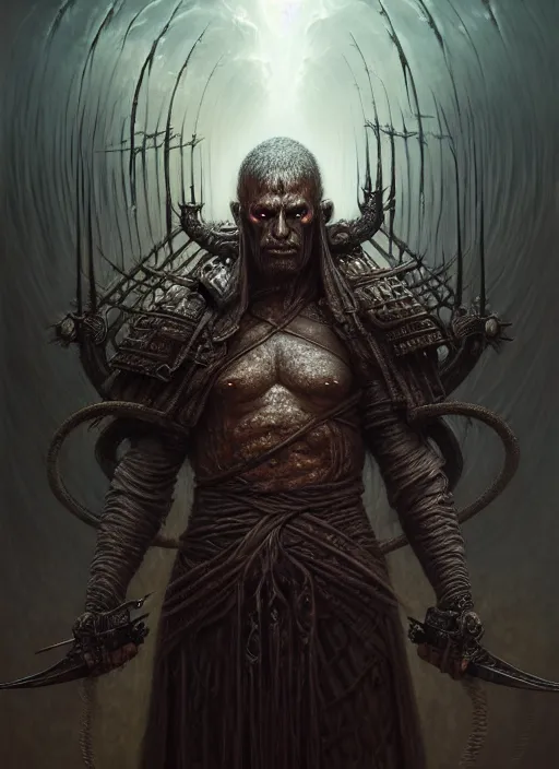 Image similar to portrait shot of dark evil ancient warrior in a scenic dystopian environment, intricate, elegant, highly detailed, centered, digital painting, artstation, concept art, smooth, sharp focus, illustration, artgerm, tomasz alen kopera, peter mohrbacher, donato giancola, joseph christian leyendecker, wlop, boris vallejo