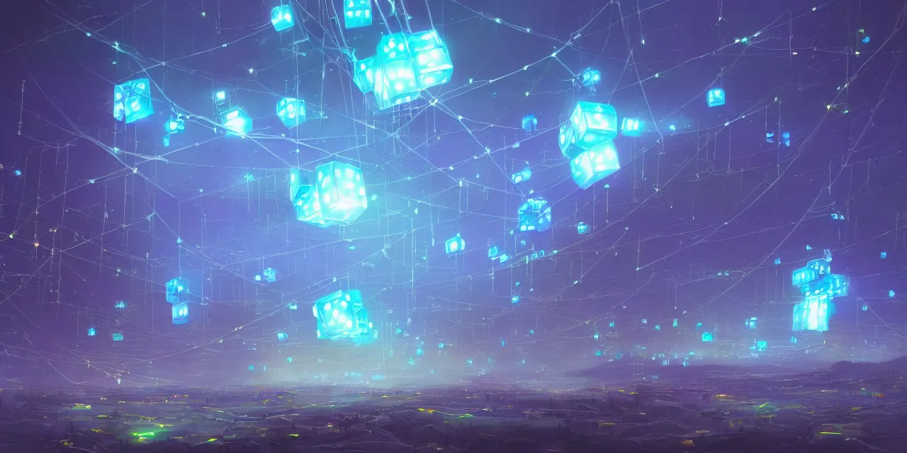 Prompt: a fleet of giant glowing futuristic circuit cubes tied to each other with lots of glowing chains in the sky, thick glowing chains, light rays bouncing between cubes, a fantasy magical landscape seen in the distance, atmospheric lighting, intricate, volumetric lighting, beautiful, sharp focus, ultra detailed, in the art style of marc simonetti, bowater charlie and brom gerald, astrophotography
