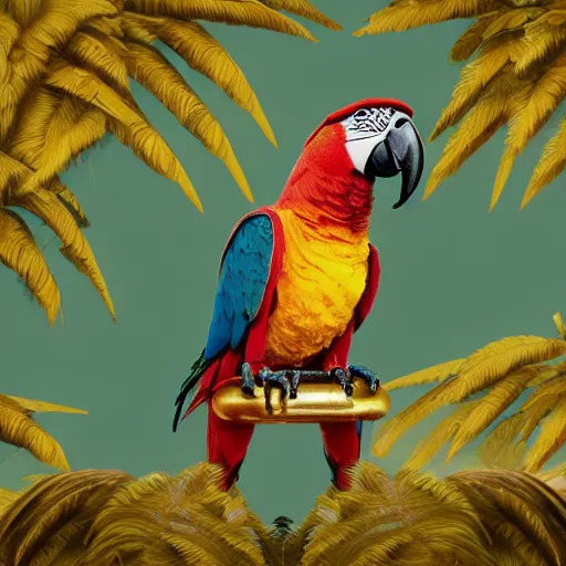 Image similar to parrots dressed in golden rings, necklaces and with caps on head, rapping and sitting on golden trees, rap scene, jungle concept art, trending on artstation, highly detailed, digital art, 8 k