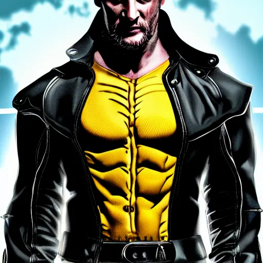 Image similar to Tom Hardy as wolverine in Black Damaged leather suit Digital art 4K quality Photorealism