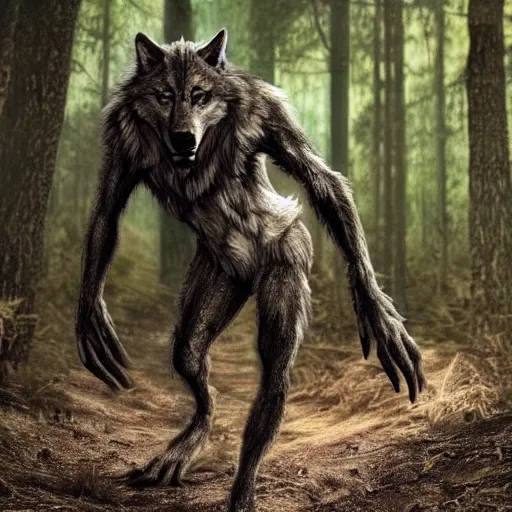 Image similar to ! werecreature consisting of a! human and wolf, photograph captured in a forest