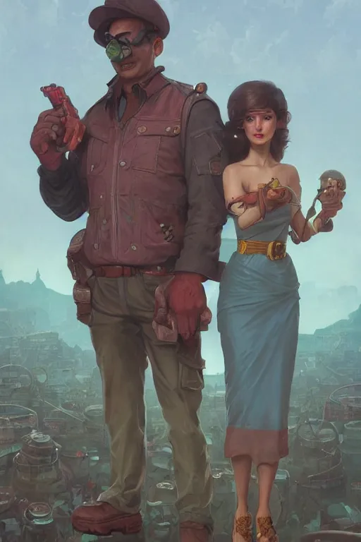 Image similar to Mario and his wife from Nintendo, disco elysium, highly detailed, digital painting, artstation, concept art, smooth, sharp focus, illustration, art by artgerm and greg rutkowski and alphonse mucha and Wayne Barlowe and Zdislav Beksinski and Francis Bacon