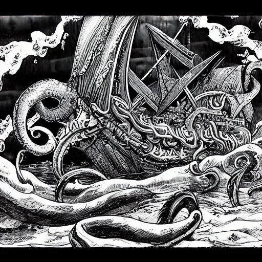 Image similar to kraken breaking a pirate ship, lovecraftian, horror, dark, scary, fantasy