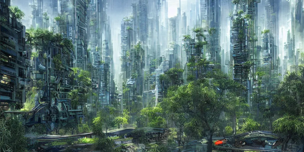 Prompt: bamboo garden in the middle of a futuristic megacity, sci-fi, matte painting, concept art, style by dylan cole