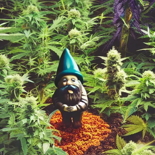 Prompt: photo of a garden gnome in the middle of a magic mushrooms and cannabis plants mini forest