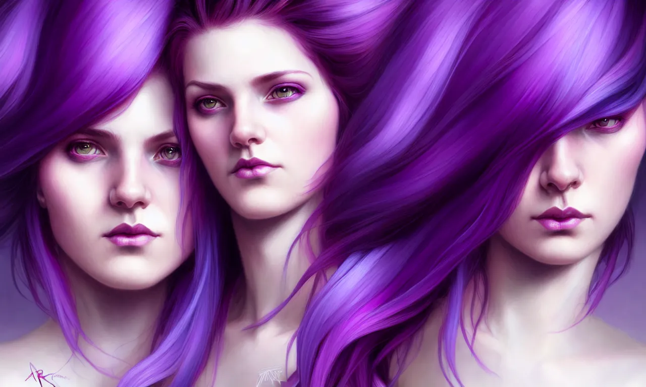 Image similar to Purple hair relistic Portrait of a two woman with bright colored flying hair, all shades of purple. Beauty face, Hair coloring, fantasy, intricate, elegant, highly detailed, digital painting, artstation, concept art, smooth, sharp focus, illustration, art by artgerm and greg rutkowski and alphonse mucha