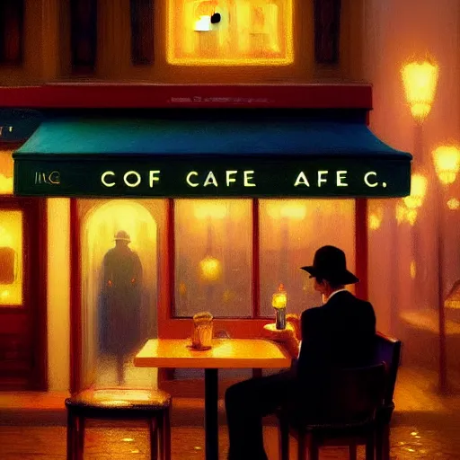 Image similar to lonely night at a cafe in manhattan, fantasy, intricate, elegant, digital painting, trending on artstation, concept art, soft focus, illustration by greg rutkowski, edward hopper, 4 k.