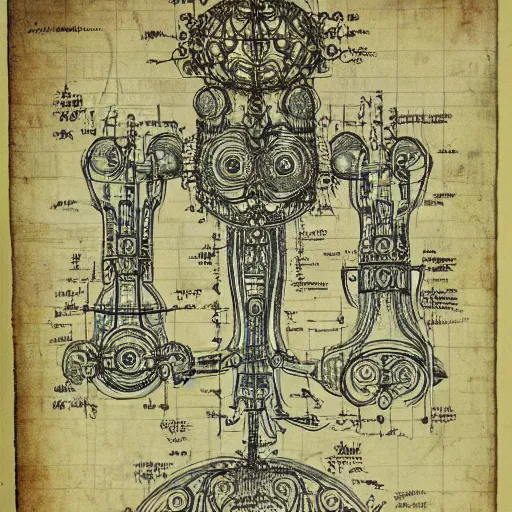 Image similar to schematic blueprint of highly detailed ornate filigreed convoluted ornamented elaborate medical equipment, art by da vinci