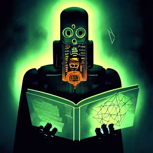 Image similar to dark scifi illustration 3 / 4 portrait of a robot reading necronomicon. cinematic lighting mad scientist style. golden ratio accidental renaissance. in the style of dave mckean and jean michel basquiat. graffiti art, scifi, fantasy, hyper detailed. octane render. concept art. trending on artstation