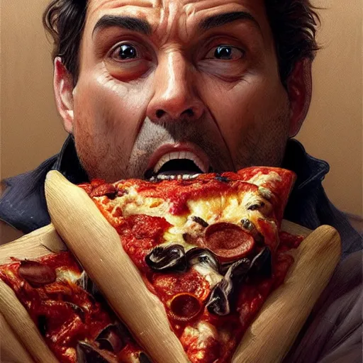 Image similar to portrait of weird tony opening his mouth to eat pizza, highly detailed, digital painting, artstation, concept art, sharp focus, illustration, art by artgerm and greg rutkowski and alphonse mucha