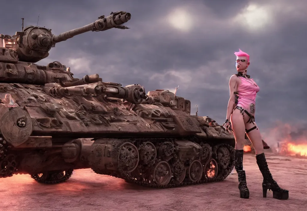 Prompt: beautiful apocalyptic tank girl with pink Mohawk, posing on mad max panzer tank, 4k ultra hd, fantasy dark art, artstation, octane render