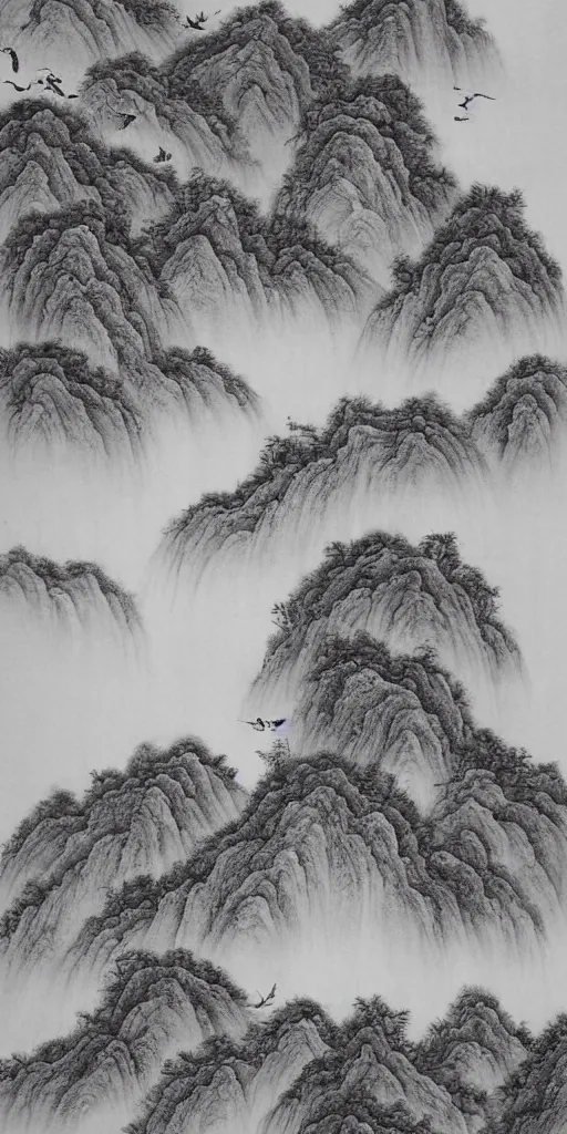 Image similar to Environmental shot, Beautiful!!!!! chinese ink-wash painting of a cliff surrounding a river, birds flying , shui mo hua, highly intricate