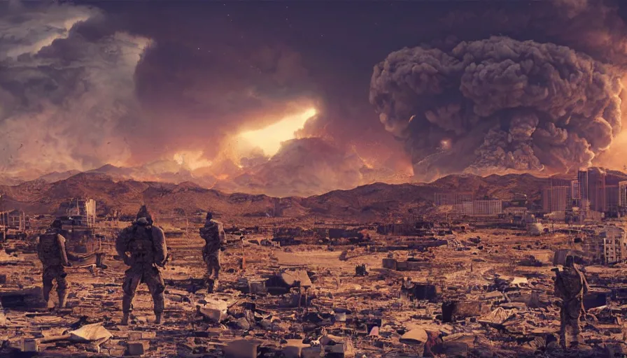 Prompt: troops in las vegas ruins looking at nuclear explosion in the distance, nuclear cloud, hyperdetailed, artstation, cgsociety, 8 k