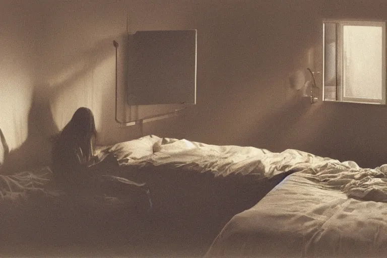 Image similar to IKEA catalogue photo, ghostly teenager bedroom, screens, TVs, monitors, robots, by Beksiński