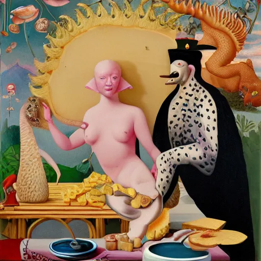 Image similar to a highly detailed oil painting of a pink dolphin queen and a pangolin king ruling a cheese kingdom where everything is made from different types of cheese, surreal, 4 k, trending on art station, in the style of dali, boch, matisse caravaggio, comical