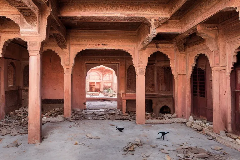 Prompt: the interiors of derelict and dilapidated old haveli in rajasthan. photo realistic. very detailed. a flamingo stands in the center of the frame. vibrant.