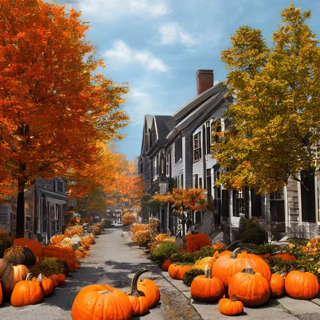 Image similar to small new england stone colonial city street with shops and pumpkins, maple trees with fall foliage, new hampshire mountain, stone street, volumetric, realistic, cinematic lighting, ray tracing, unreal engine 5, octane render, hyper realistic, photo, 8 k