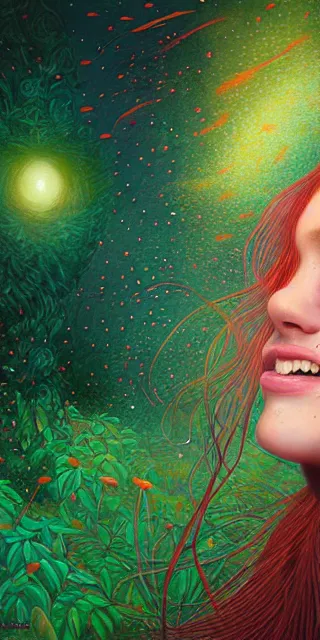 Image similar to infp young woman, smiling amazed, golden fireflies lights, sitting in the midst of nature fully covered, long loose red hair, intricate linework, bright accurate green eyes, small nose with freckles, oval shape face, realistic, expressive emotions, dramatic lights spiritual scene, hyper realistic ultrafine art by michael cheval, jessica rossier, boris vallejo