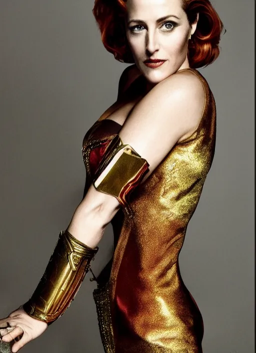 Image similar to full length photo of a gorgeous Gillian Anderson dressed as wonder woman by Mario Testino, detailed, head shot, award winning, Sony a7R
