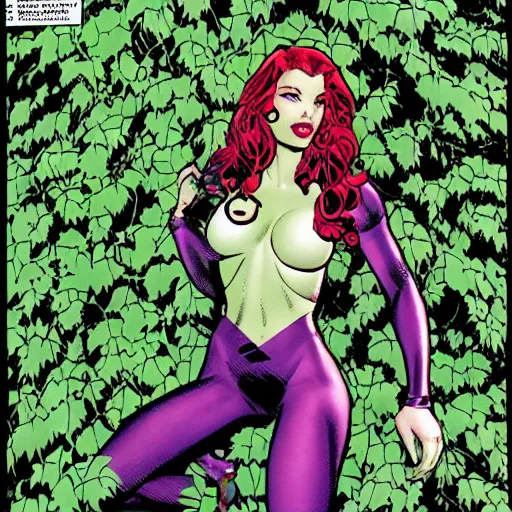 Prompt: dc comics poison ivy character sitting in a throne made of vines and trees art by frank cho, bill sienkiewicz, joe chiodo, bruce timm