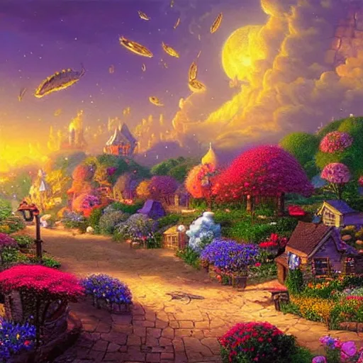 Prompt: flower village by evgeny lushpin, thomas kinkade, igor zenin, gilbert williams, bruce pennington, paul lehr, martin johnson heade, andreas franke