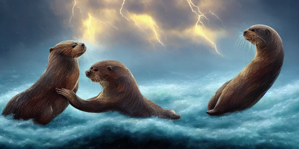 Image similar to beautiful incredible fantasy illustration of a pair of adorable otters falling in love holding hands in a huge storm at sea cinematic dreamlike detailed trending on artstation masterpiece