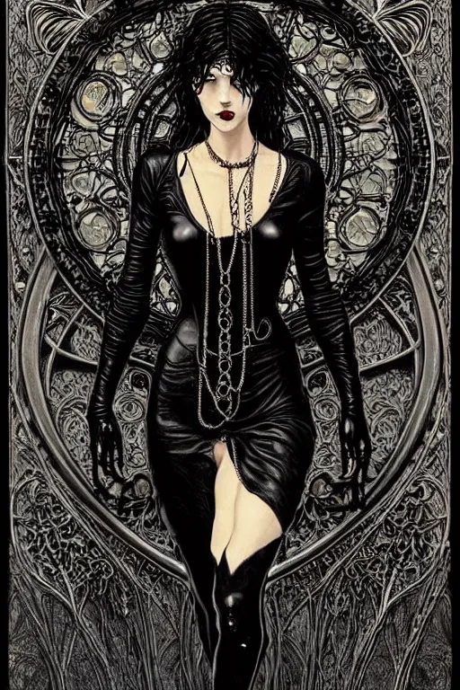 Prompt: dreamy gothic girl, black leather slim clothes, chains, art nouveau, beautiful body, detailed acrylic, grunge, intricate complexity, by dan mumford and by alberto giacometti, peter lindbergh