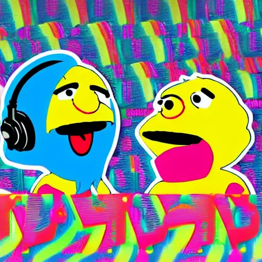 Image similar to svg sticker of a Pop-Wonder Bert&Ernie, Sesame-Street, at a rave, spinning records, giant headphones rocking out, wearing headphones, huge speakers, dancing, rave, DJ, spinning records, digital art, amazing composition, rule-of-thirds, award-winning, trending on artstation, featured on deviantart