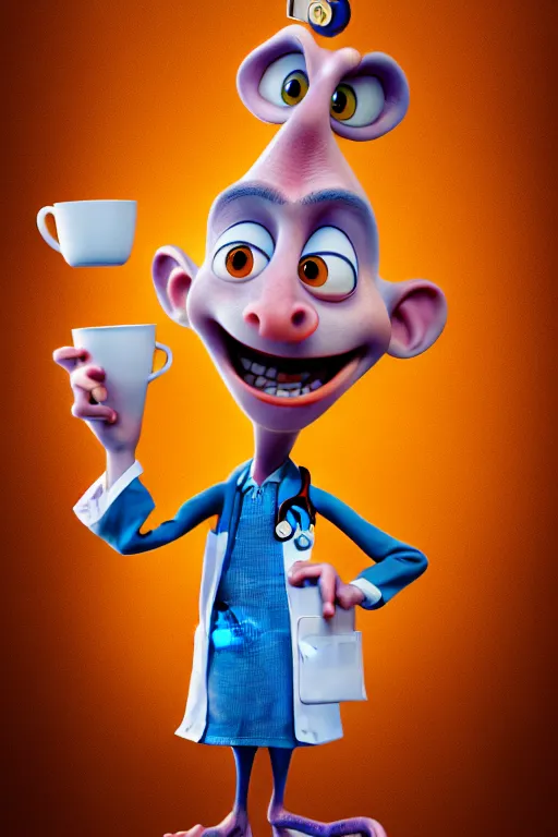 Image similar to portrait of the crazy doctor holding a cup of coffee, hospital in background, full body. pixar disney 4 k 3 d render funny animation movie oscar winning trending on artstation and behance. ratatouille style.