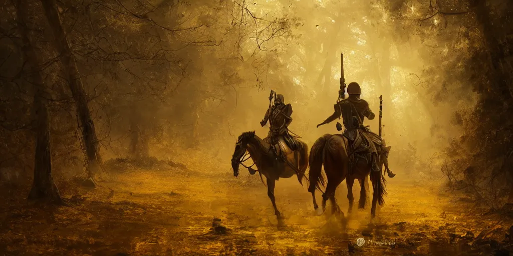 Image similar to headless soldier in gold mughal armor riding a horse in a dark forest, cinematic composition, a fantasy digital painting by Greg Rutkowski and James Gurney, trending on Artstation, highly detailed, hyperrealistic, realistic, photorealistic, dynamic lighting, highly detailed, cinematic landscape, studio landscape, studio lighting