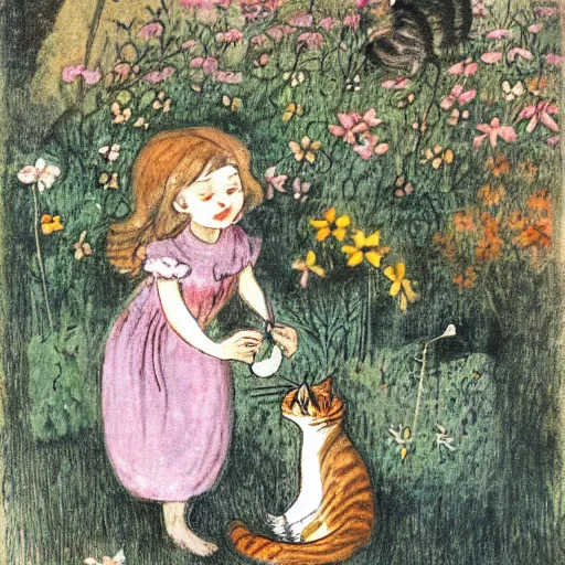 Prompt: cat eating a fairy in a garden by cicely mary barker