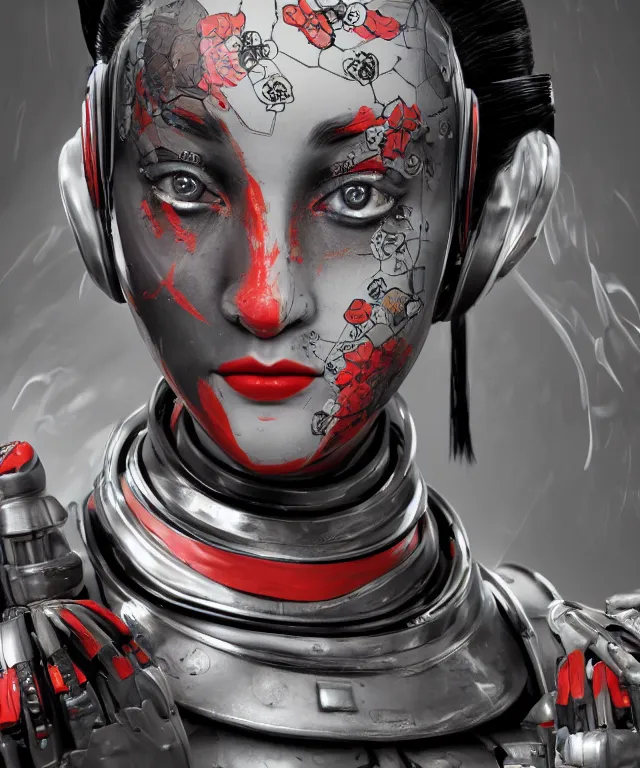 Image similar to an epic fantastic realism comic book style portrait painting of a japanese robotic geisha with kanji tattoos and decals, apex legends, octane render, intricate detail, 4 k hd, unreal engine 5, ex machina, irobot