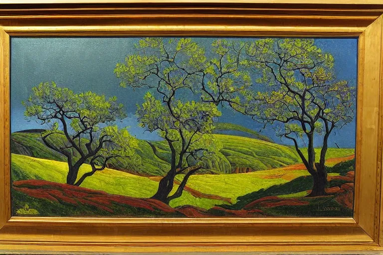 Image similar to masterpiece painting of oak trees on a hillside overlooking a creek, dramatic lighting, by lawren harris