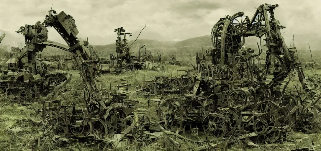 Image similar to the horrific machines of war are reclaimed by nature