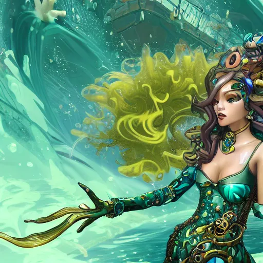 Image similar to highly detailed portrait of a metallic futuristic mermaid under the sea by Akihiko Yoshida, Greg Tocchini, 4k resolution, hearthstone inspired, sea green, yellow, blue, white, coral and black color scheme with graffiti